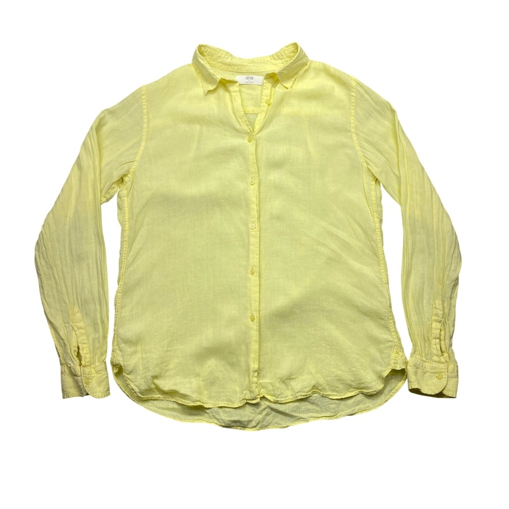 Uniqlo‎ Premium Linen Button Down Shirt Yellow Long Sleeve 231-139249 Womens M